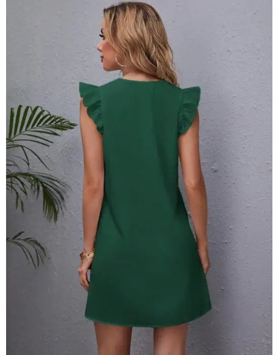 Omarı İthal Krep Elbise - Kadın Kısa Kollu V Yakalı