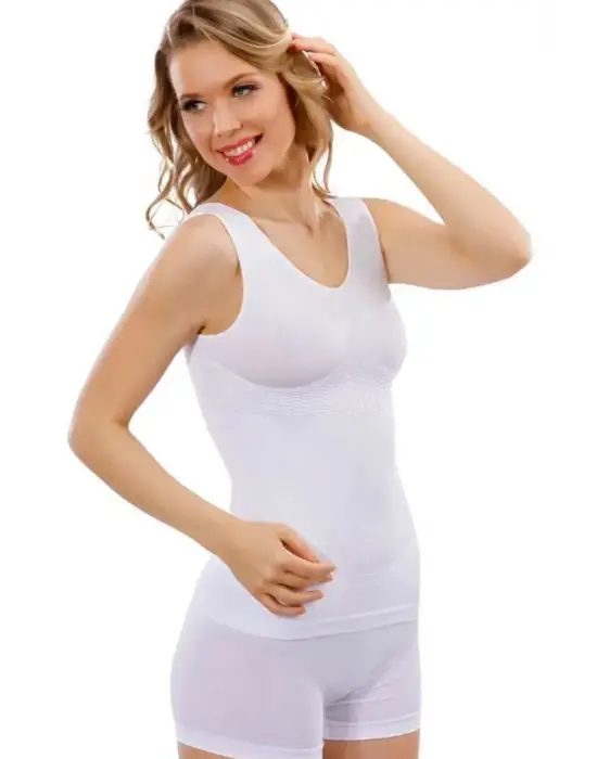 Omarı Kalın Askılı Beyaz Jakar Desenli Bayan Atlet