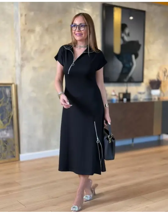 Omarı Rahat ve Şık Kısa Kollu Fermuarlı Elbise