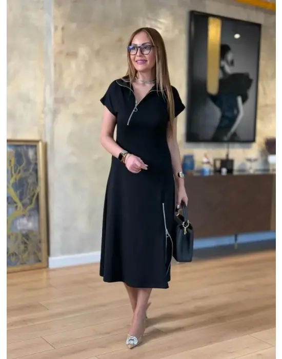 Omarı Rahat ve Şık Kısa Kollu Fermuarlı Elbise