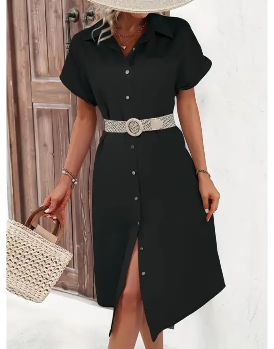 Omarı Şık Düğme Detaylı Kadın Midi Elbise