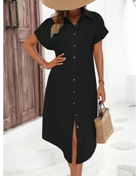 Omarı Şık Düğme Detaylı Kadın Midi Elbise