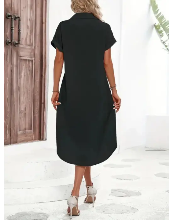Omarı Şık Düğme Detaylı Kadın Midi Elbise