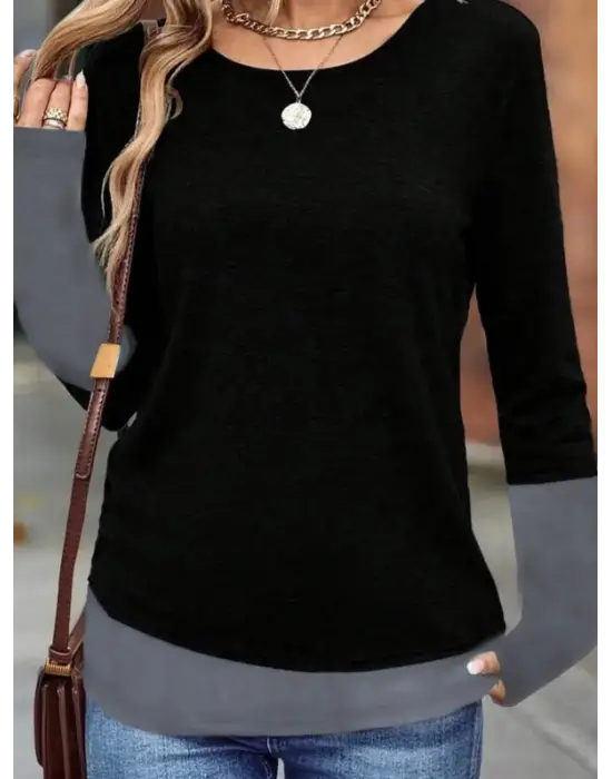 Omarı Şık Kadın Yuvarlak Yaka Uzun Kollu Viskon Bluz