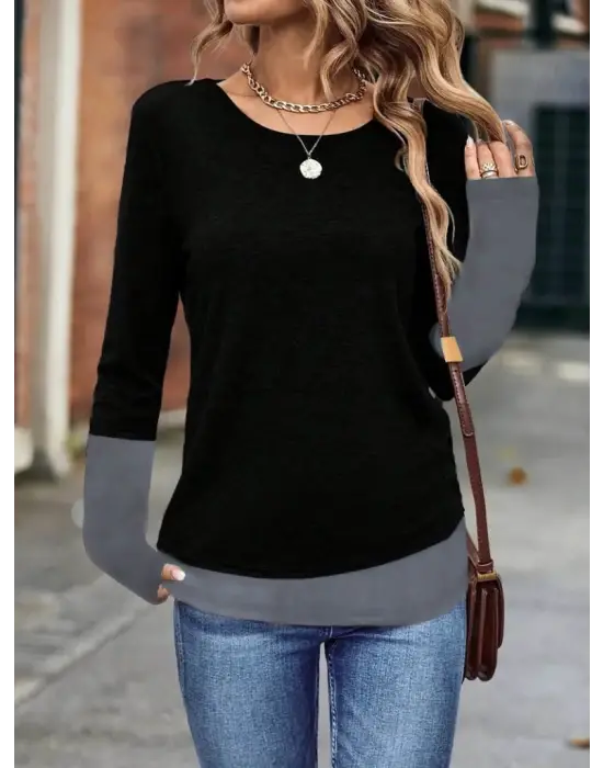 Omarı Şık Kadın Yuvarlak Yaka Uzun Kollu Viskon Bluz