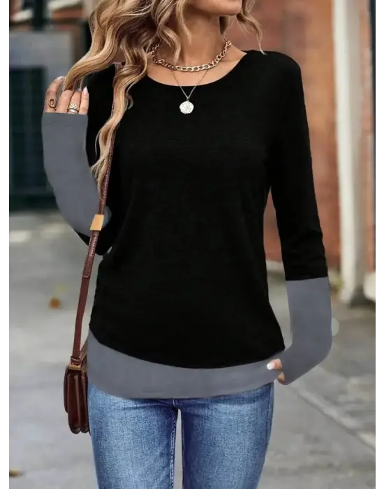 Omarı Şık Kadın Yuvarlak Yaka Uzun Kollu Viskon Bluz