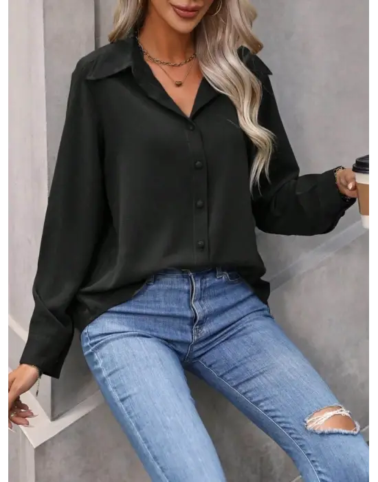 Omarı Uzun Kollu Düğmeli Kadın Gömlek