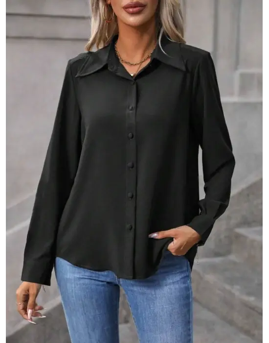 Omarı Uzun Kollu Düğmeli Kadın Gömlek