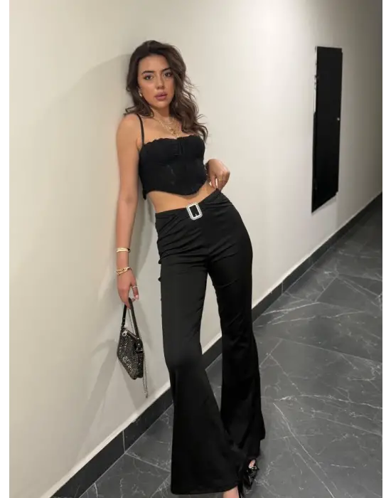 Omarı Yüksek Bel Tokalı Ispanyol Paçalı Pantolon