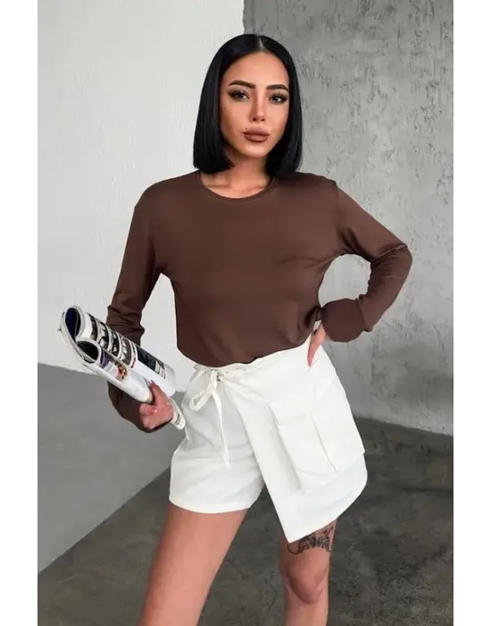 Omarı Şık Kahverengi Uzun Kollu Viskon Penye Body