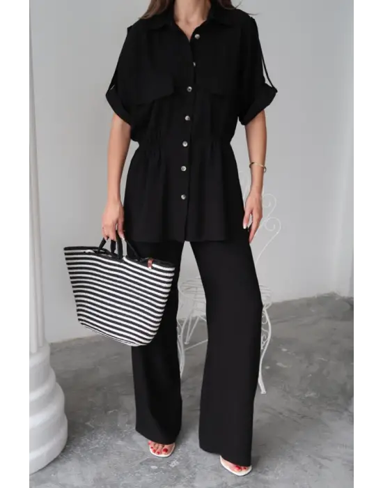 Omarı Şık Belden Büzgü Detaylı Takım - Siyah