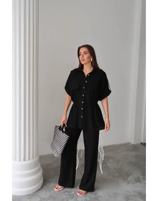 Omarı Şık Belden Büzgü Detaylı Takım - Siyah