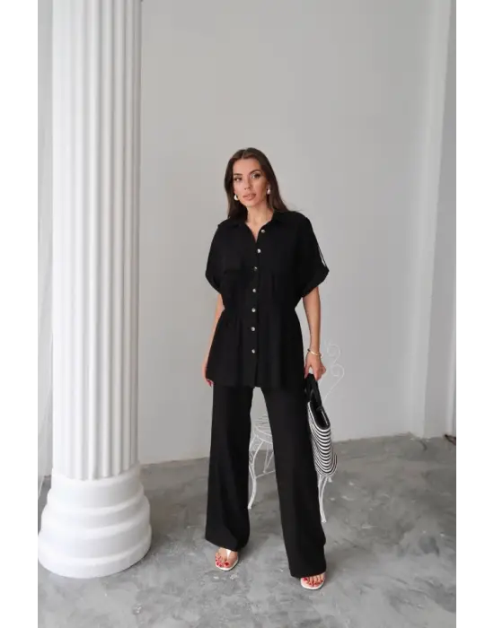 Omarı Şık Belden Büzgü Detaylı Takım - Siyah
