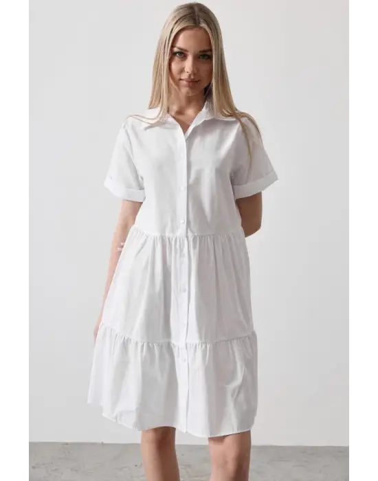 Omarı Şık Beyaz Kısa Kol Elbise