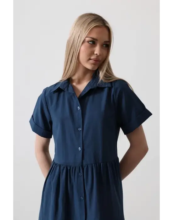 Omarı Şık Kısa Kol Elbise - İndigo