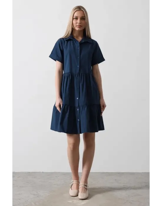 Omarı Şık Kısa Kol Elbise - İndigo