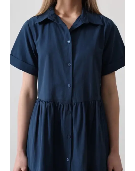 Omarı Şık Kısa Kol Elbise - İndigo