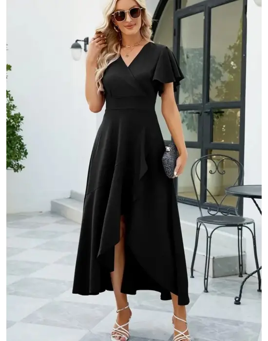 Omarı Şık Kruvaze Yakalı Maksi Elbise