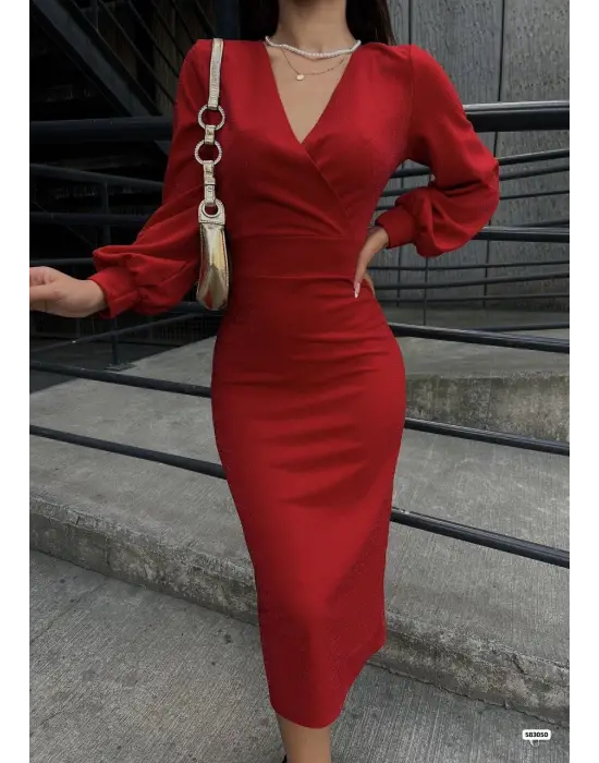 Omarı Simli Kumaş Midi Boy Elbise