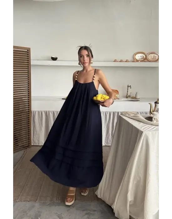 Omarı Şıklığıyla Büyüleyen Lacivert Müslin Elbise