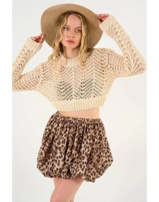 Omarı Leopar Desenli Balon Etek - Kahve Tonları