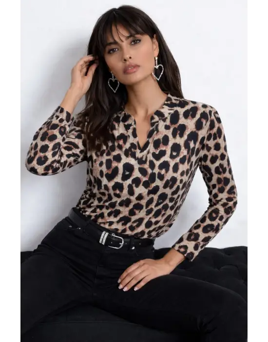 Şık Leopar Desenli V Yakalı Kadın Bluz