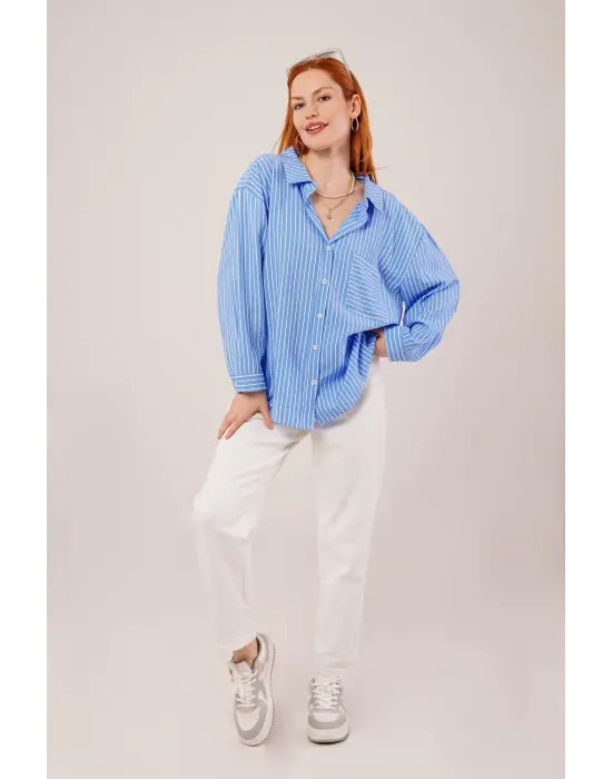 Omarı Modern Tasarımlı Cepli Mavi Gömlek