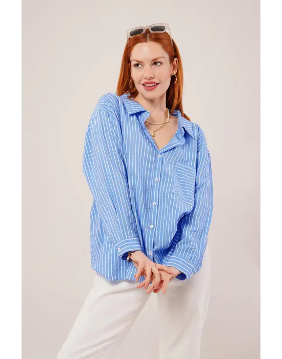 Omarı Modern Tasarımlı Cepli Mavi Gömlek