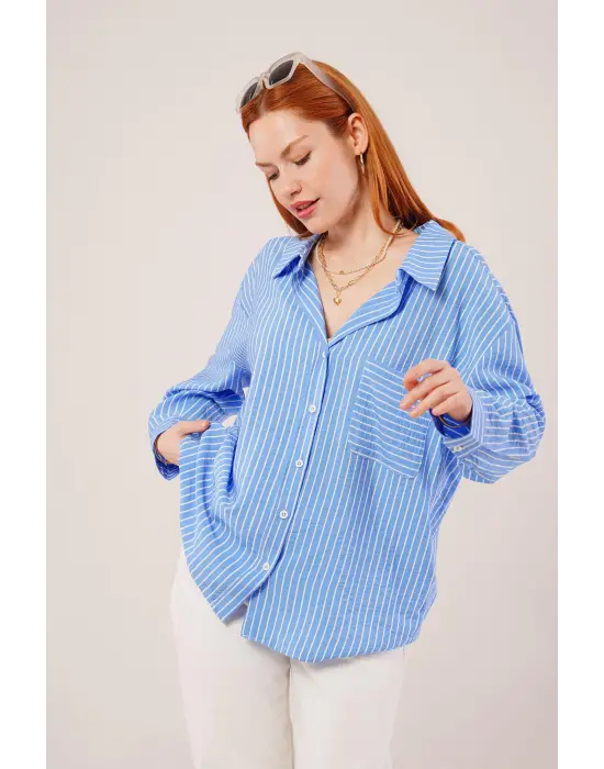 Omarı Modern Tasarımlı Cepli Mavi Gömlek