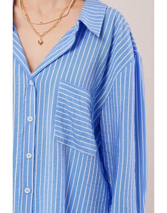 Omarı Modern Tasarımlı Cepli Mavi Gömlek