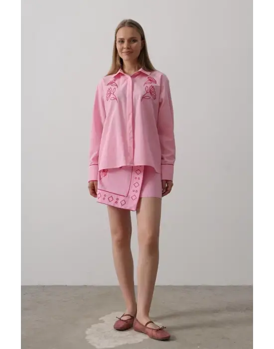 Omarı Zarif Nakış Desenli Etek Takımı - Pembe