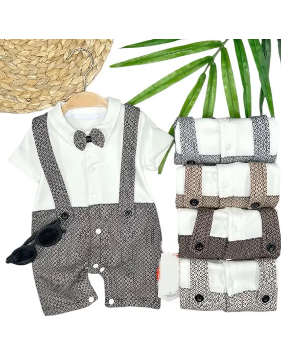 Omarı Papyon Detaylı Kare Baskılı Erkek Bebek Tulumu