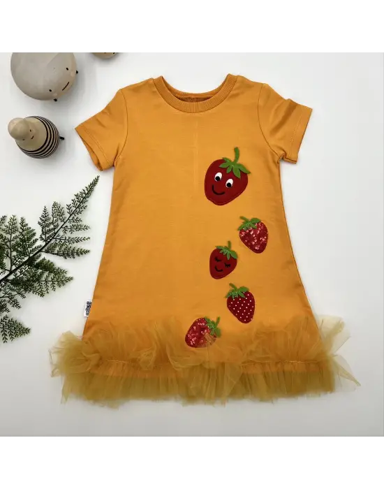 Omarı Çocuk Elbisesi - Çilek Nakışlı Fırfırlı Jile Eteği Turuncu
