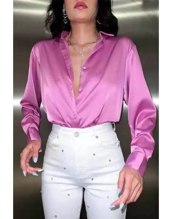 Omarı Rahat Kesim Pembe Saten Gömlek