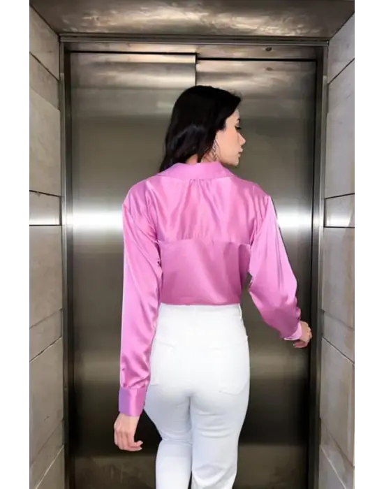 Omarı Rahat Kesim Pembe Saten Gömlek