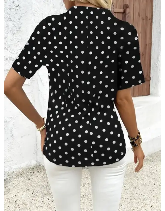 Omarı Kısa Kollu Puantiyeli Viskon Bluz