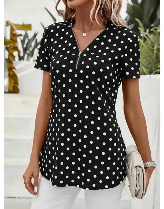 Omarı Kısa Kollu Puantiyeli Viskon Bluz