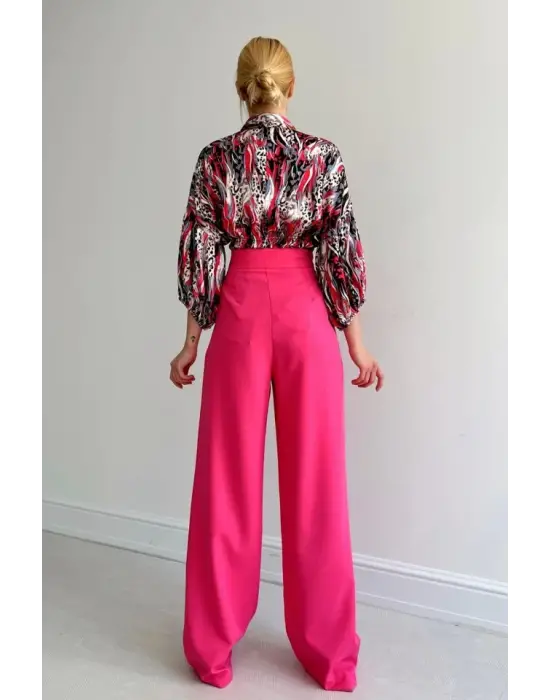 Omarı Saten Gömlek - Beli Lastikli ve Zarif Tarzda - Fuşya
