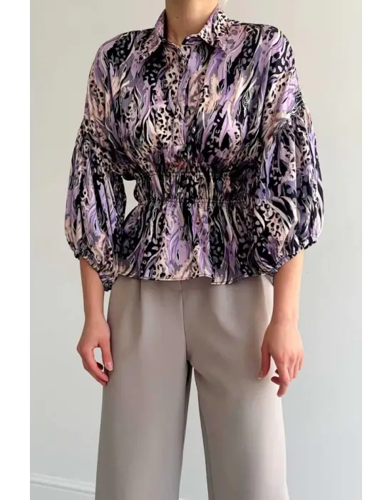 Omarı Saten Beli Lastikli Lila Gömlek