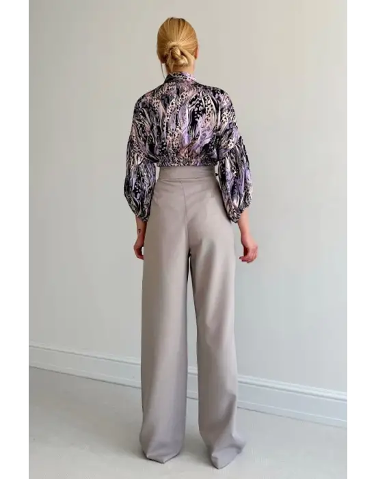 Omarı Saten Beli Lastikli Lila Gömlek