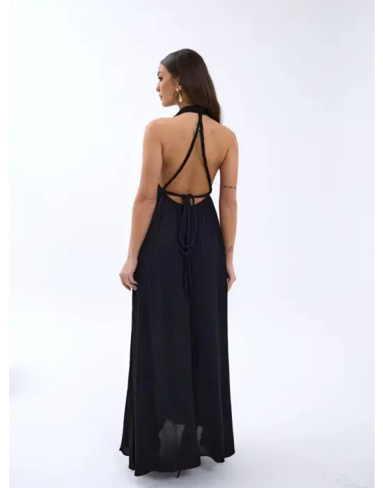 Omarı Derin V Yaka Siyah Elbise