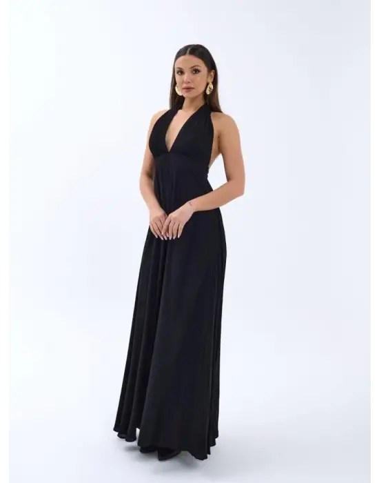 Omarı Derin V Yaka Siyah Elbise