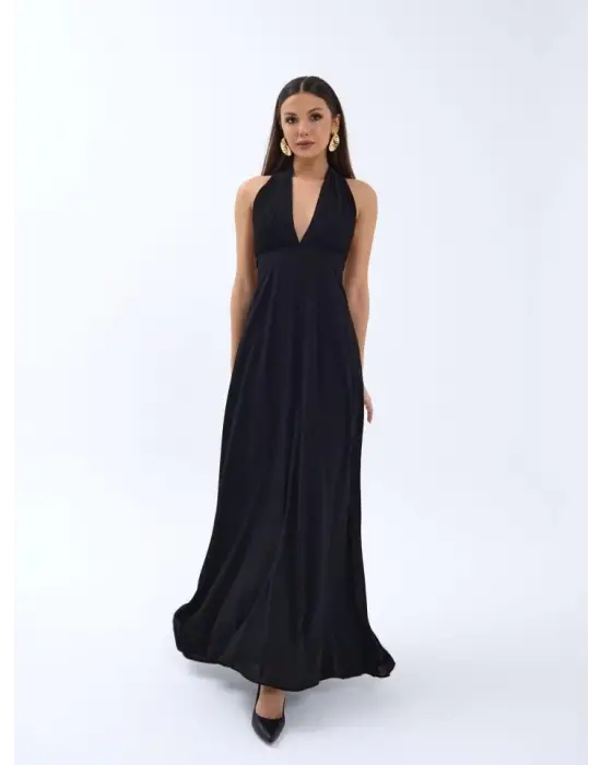 Omarı Derin V Yaka Siyah Elbise