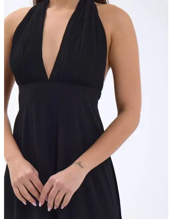 Omarı Derin V Yaka Siyah Elbise