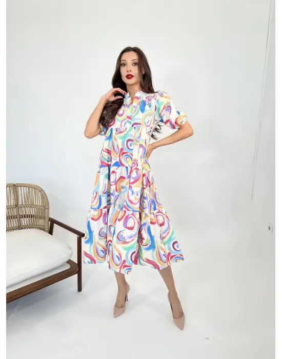 Omarı Doğal Taş Detaylı Mavi Elbise