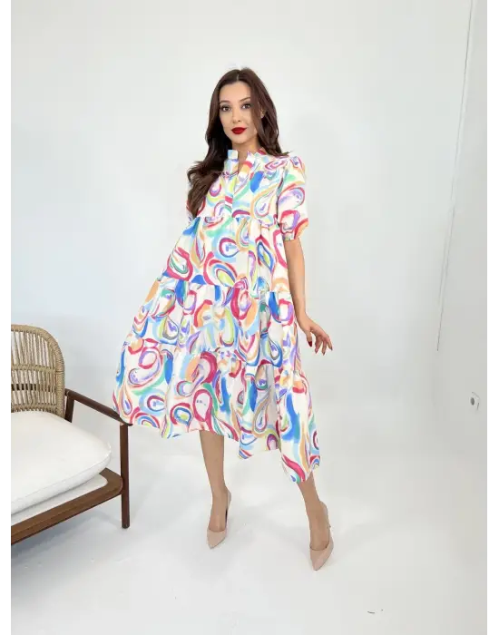 Omarı Doğal Taş Detaylı Mavi Elbise