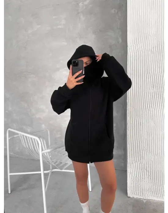 Omarı Siyah Kapüşonlu Sweatshirt