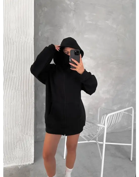 Omarı Siyah Kapüşonlu Sweatshirt