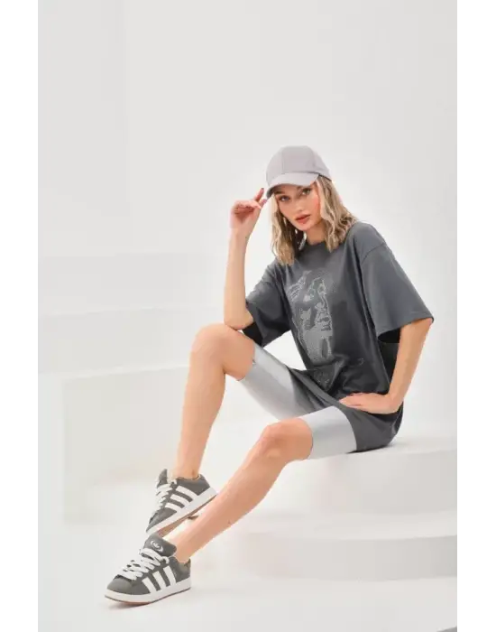 Omarı Oversize Taş Desenli Unisex T-Shirt - Füme