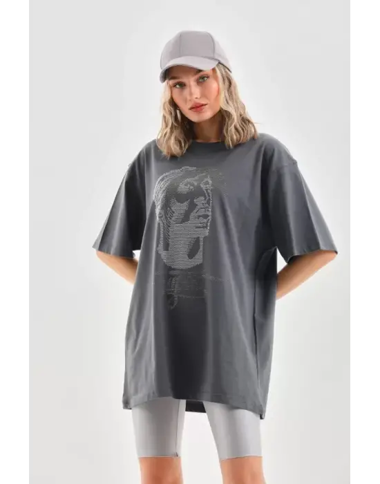 Omarı Oversize Taş Desenli Unisex T-Shirt - Füme